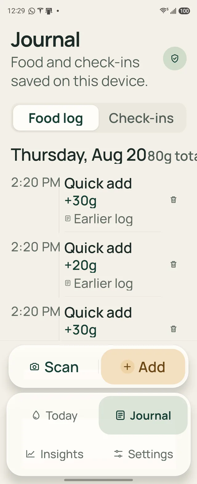 Guardrail's real journal: food entries with their source visible — manual, barcode, or reviewed photo estimate